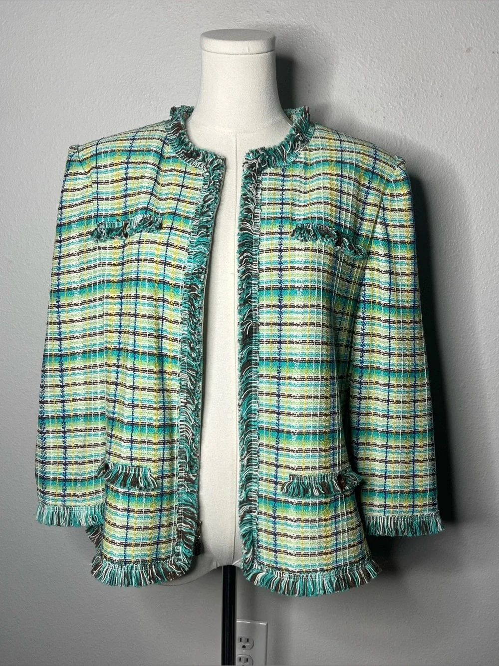 St John Green Plaid Tweed Novelty Knit Zip Up Cardigan Jacket - Picture 2 of 7